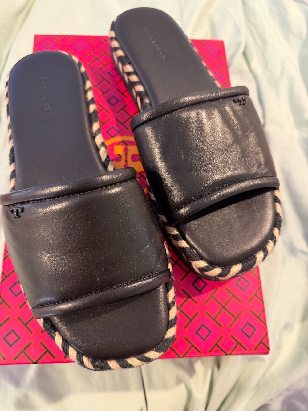 Tory Burch Black Espadrille Slide Sandals with Braided Trim - Women